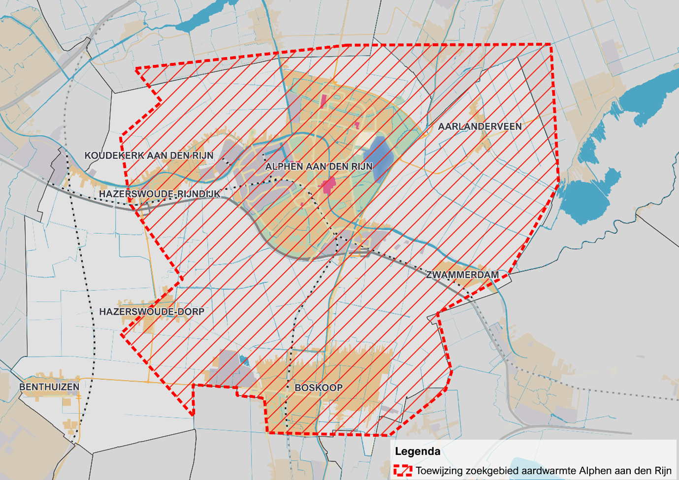 Een kaart van de gemeente Alphen aan den Rijn met het officieel toegewezen gebied voor onderzoek naar aardwarmte